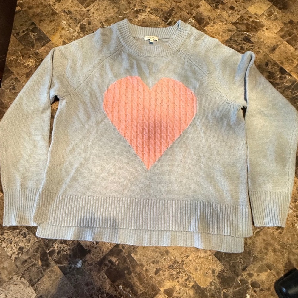Kate & Sam Womens Blue Pink Heart Cable Knit Sweater Crew Neck High Low Large
